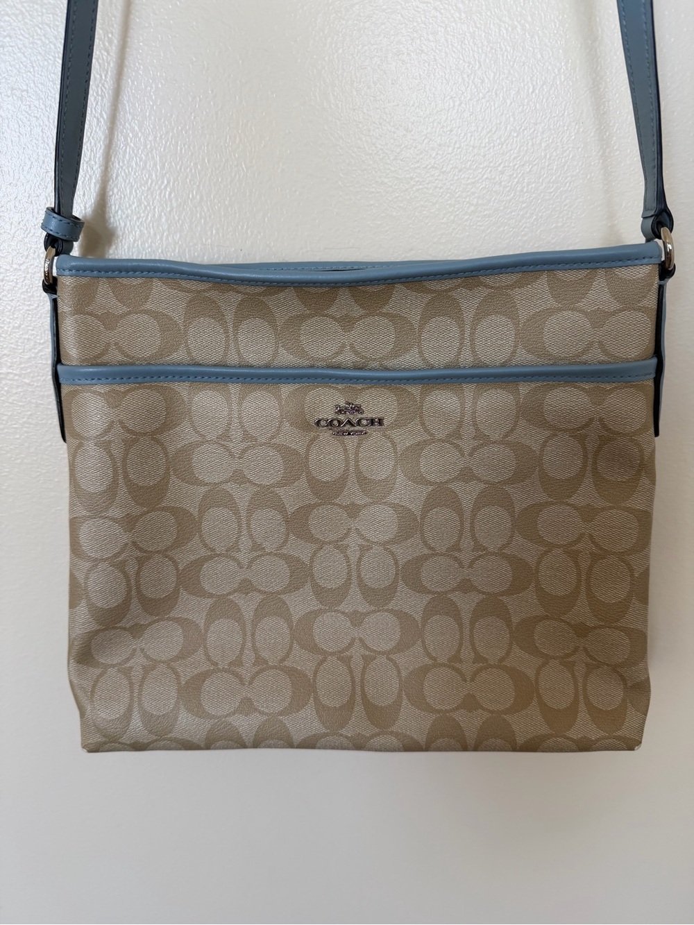 COACH F58297 File Bag Khaki Signature Coated Canvas Light Blue Leather Trim